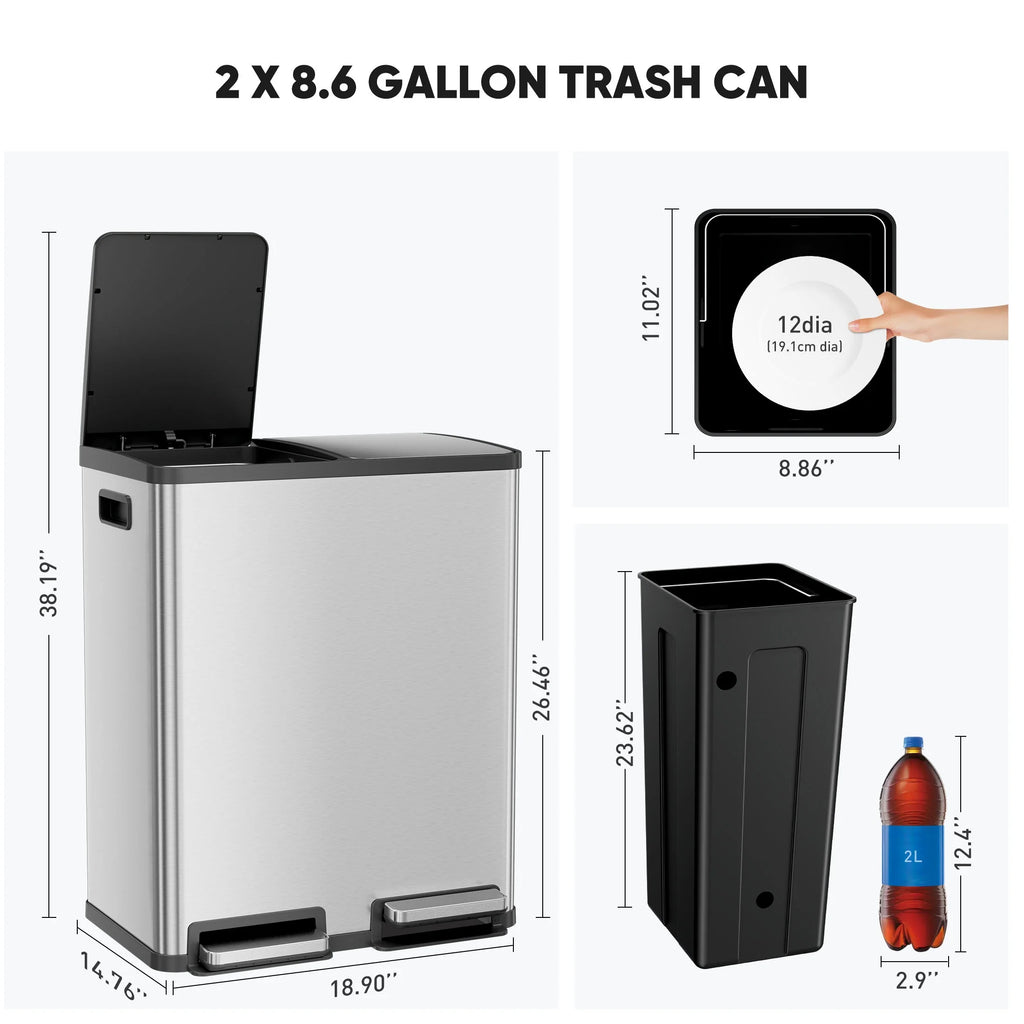 EDX 2 x 8.3 Gallon Dual Garbage Recycle Trash Can with Lid, Inner Buckets for Kitchen, Stainless Steel, Sliver