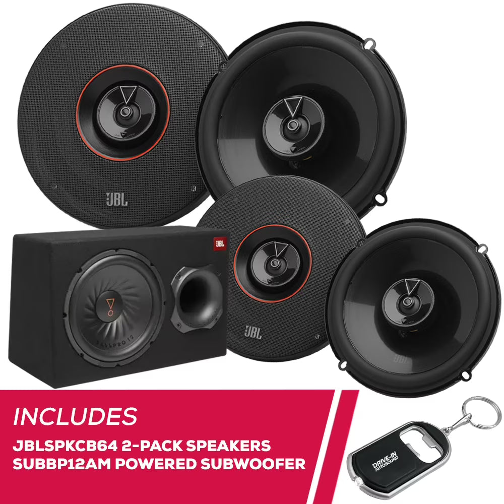 New JBL 2-Pack JBLSPKCB64 6.5" 2-Way Car Speakers & SUBBP12AM Powered Subwoofer