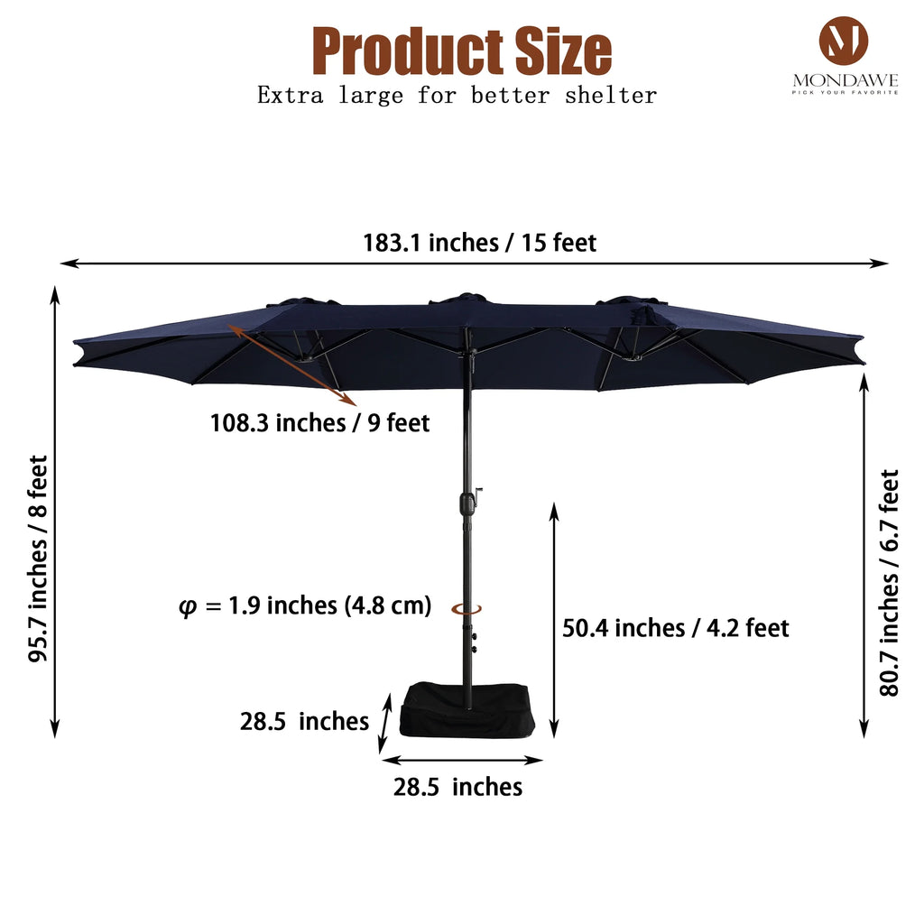 Mondawe 15ft Patio Umbrella Rectangular Outdoor Market Umbrella with Base and LED Lights Beige