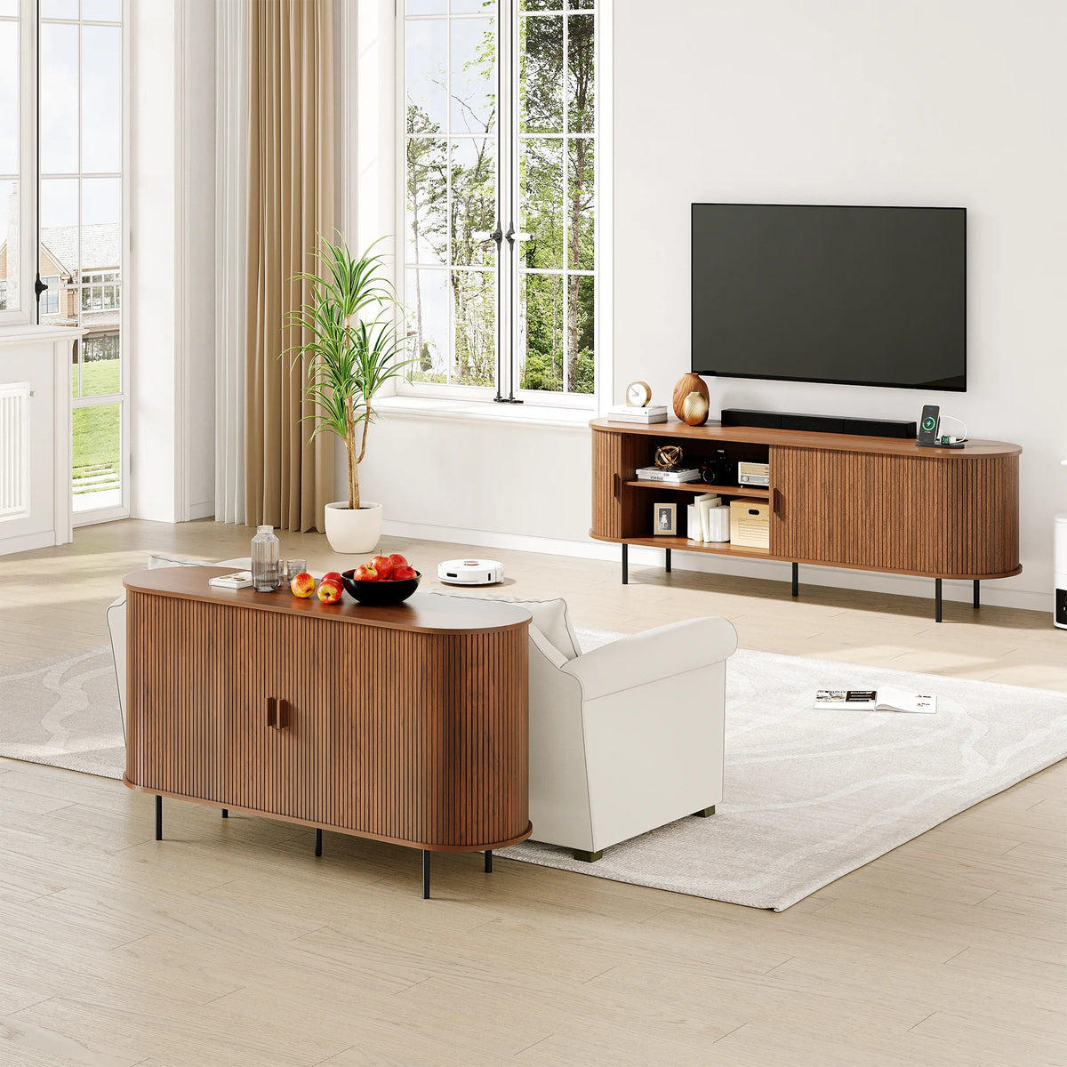 MARNUR 63" TV Stand for 70" TV, Wood Entertainment Center with Storage and Shelves, 2 Sliding Tambour Doors, Mid-Century Modern, Walnut