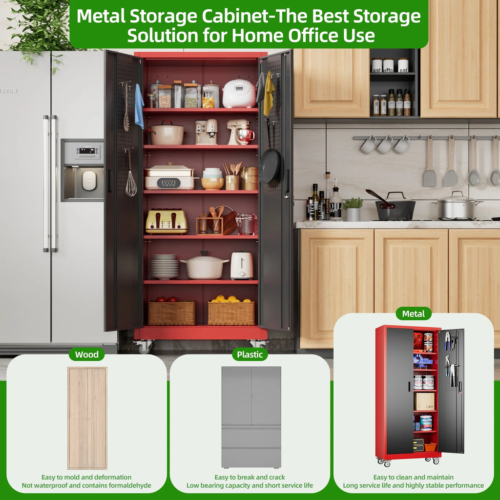 SUPEER Metal Rolling Storage Cabinets with Locking Doors and 5 Adjustable Shelves, Steel Garage Storage Cabinet for Garage, Office, Classroom, Assemble Required(Black)