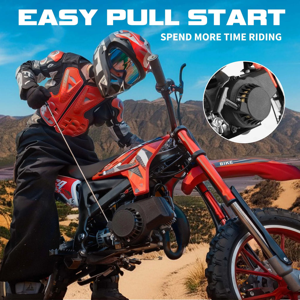 MX moto 49CC Kids Dirt Bicycle, 2-Stroke Gas Powered Off Road Motorcycle, Tire Shock Absorber Spring Soft Seat Cushion with Front and Rear Disc Brake, Max Speed 28 MPH