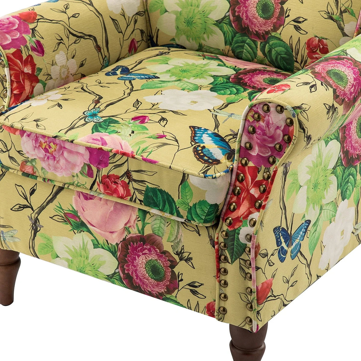 14 Karat Home Wingback Accent Chair Removable Cushion Floral Upholstered Sofa Armchair Couch Wood Legs Nailhead Trim Mustard