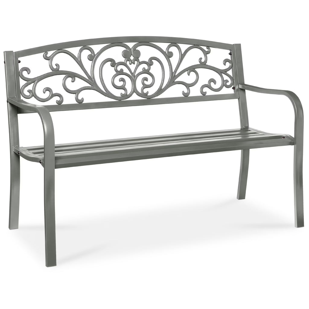 Best Choice Products Outdoor Steel Bench Garden Patio Porch Furniture w/ Floral Design Backrest - Black