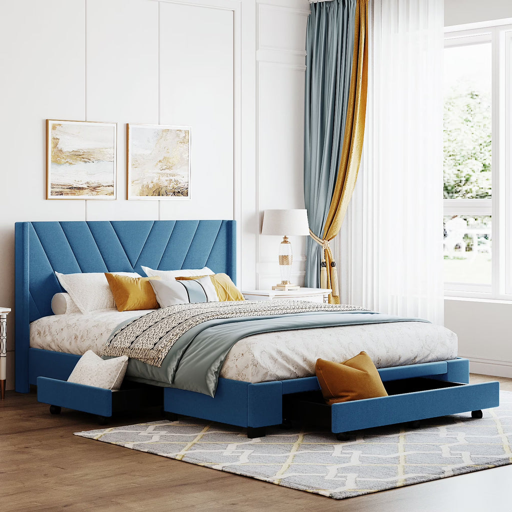 Sesslife Queen Bed Frame with Storage, New Upgraded Linen Upholstered Platform Bed with 3 Drawers, Queen Size Storage Bed with Headboard and Wooden Slats, No Box Spring Needed, Holds 500lbs, Beige