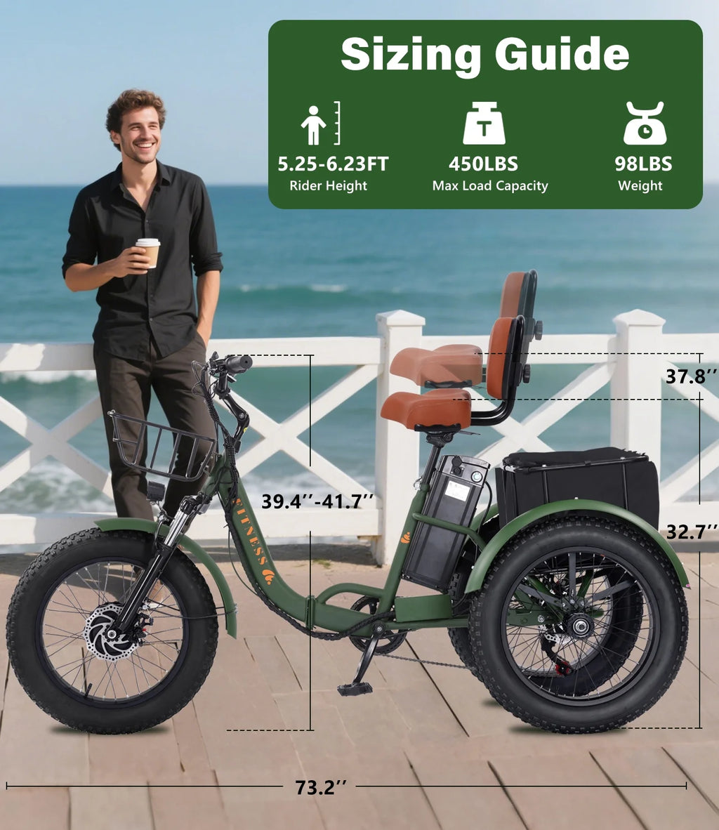 YEBEI Electric Tricycle for Adults Folding E-Trike Motorized Tricycle Electric 3 Wheels Trike Powerful 500W Motor Electric Tricycle 48V15AH Lithium Battery Max 20MPH 20*4.0�� Fat Tire Orange