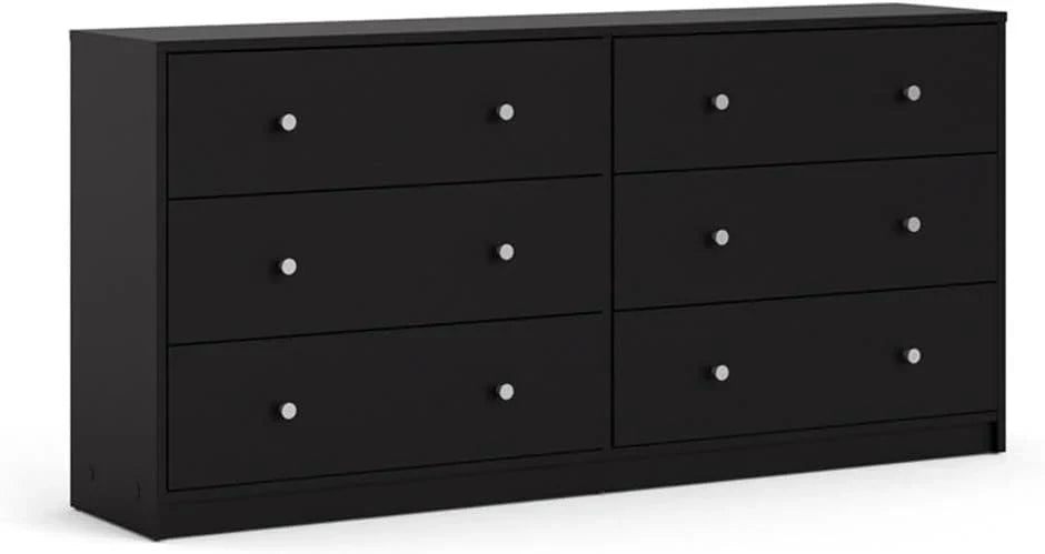 3-Pc Scandinavian Design Engineered Wood Bedroom Furniture Set with 3-Drawer Chest & 6-Drawer Double Dresser & 1-Drawer Nightstand, Pewter Plastic Handles, Smooth Plastic Glides, in Black