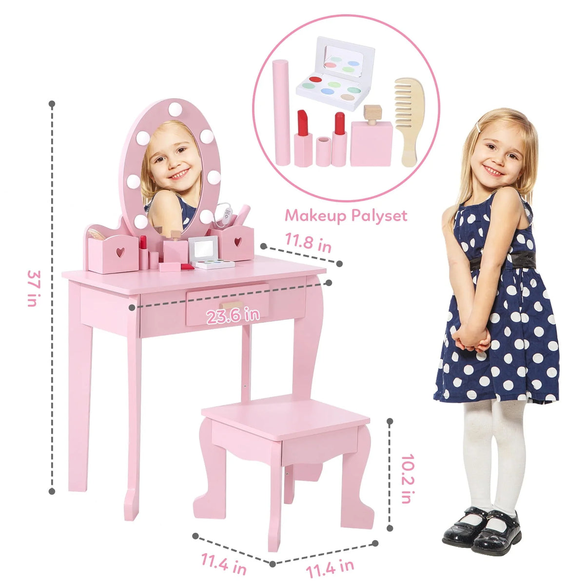 Girl Vanity Table and Chair Set, Kids Wood Makeup Dressing Table with Lights, Mirror, Drawer & Stool