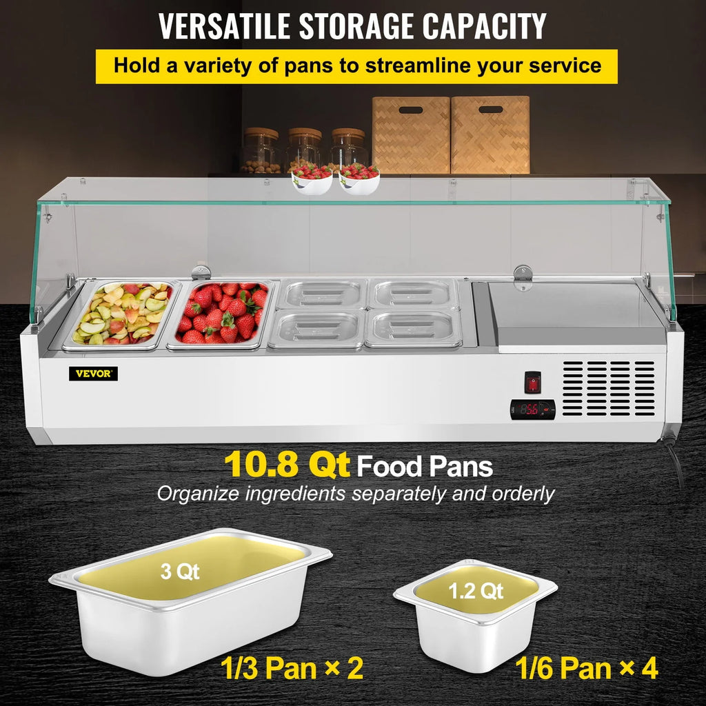 Refrigerated Condiment Prep Station, 48-inch, 10.8Qt Sandwich / Salad Prep Table w/ 3 1/3 Pans & 4 1/6 Pans, 146W Salad Bar w/ 304 Stainless Body Tempered Glass Shield Digital Panel Auto Defrost