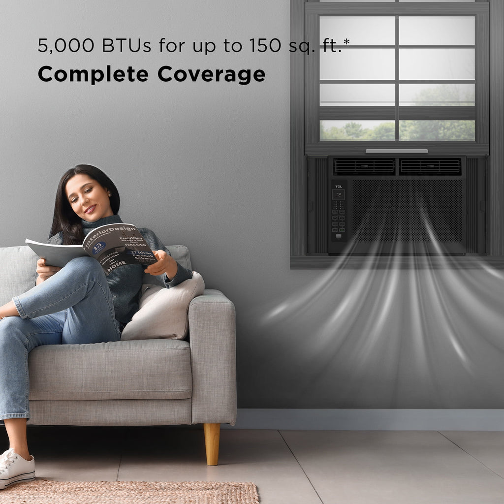 TCL 5,000 BTU Window Air Conditioner, Fan & Dehumidifier, 150 Sq. Ft., Remote Control, Easy-to-Use, Reusable Filter, Compact, Quiet, White, W5W3M