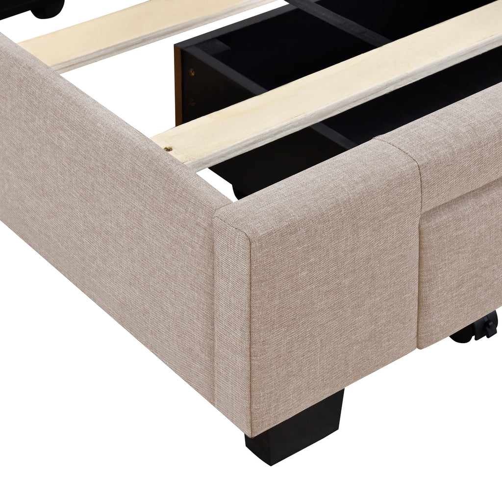 Sesslife Queen Bed Frame with Storage, New Upgraded Linen Upholstered Platform Bed with 3 Drawers, Queen Size Storage Bed with Headboard and Wooden Slats, No Box Spring Needed, Holds 500lbs, Beige
