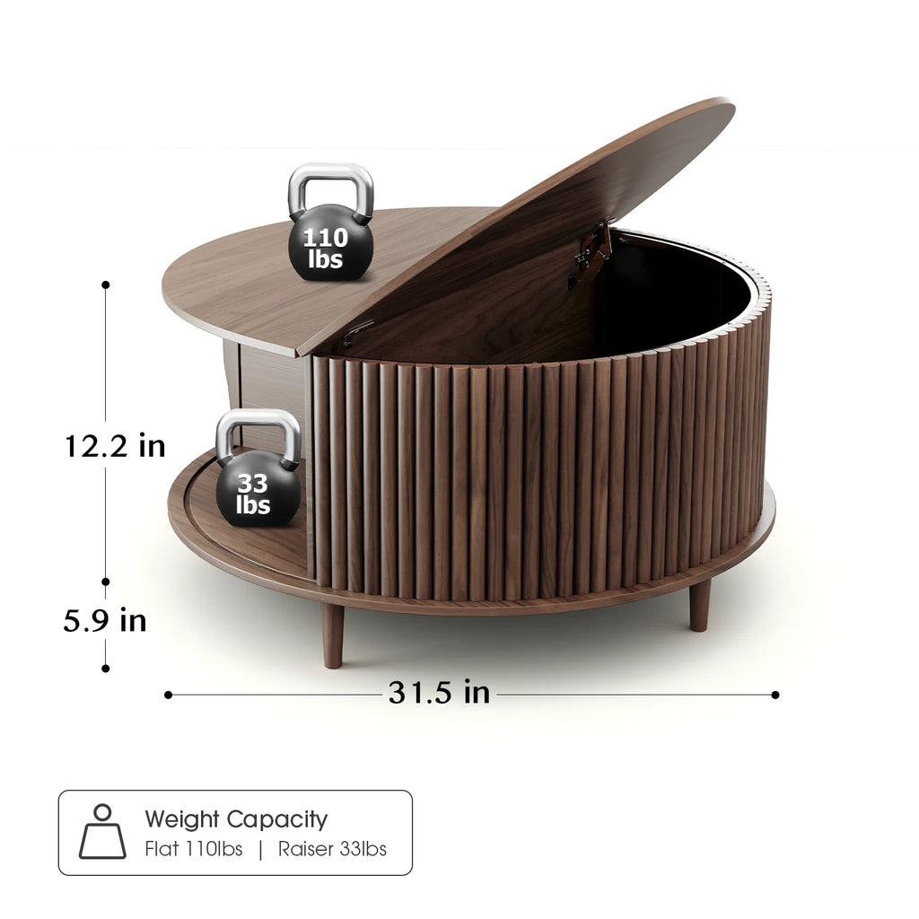 JOINICE Round Coffee Table with Storage and Sliding Door,Mid Century Modern Wooden Center Table,for Living Room,Walnut