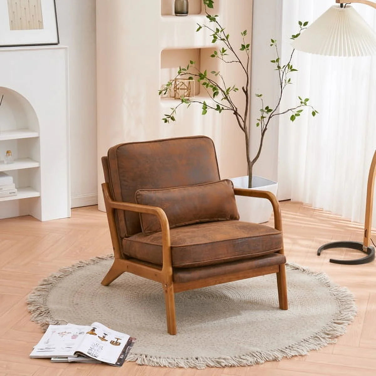 Accent Chairs, Single Linen Lounge Reading Armchair with Solid Wood Frame, Mid Century Modern Easy Assembly Arm Chairs for Living Room-Beige