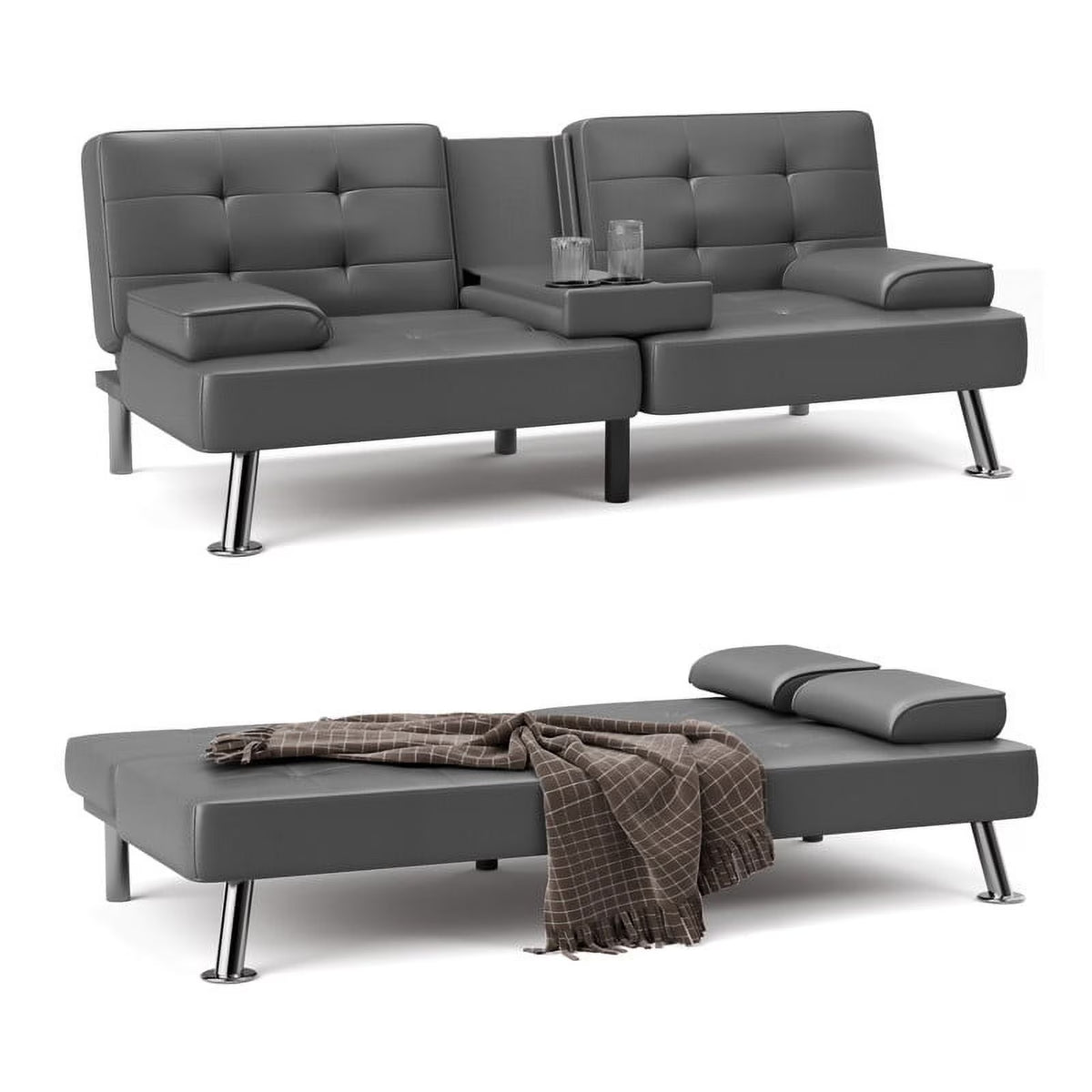 Furmax Futon Sofa Bed Convertible Folding Faux Leather Couch with 2 Cup Holders,Black