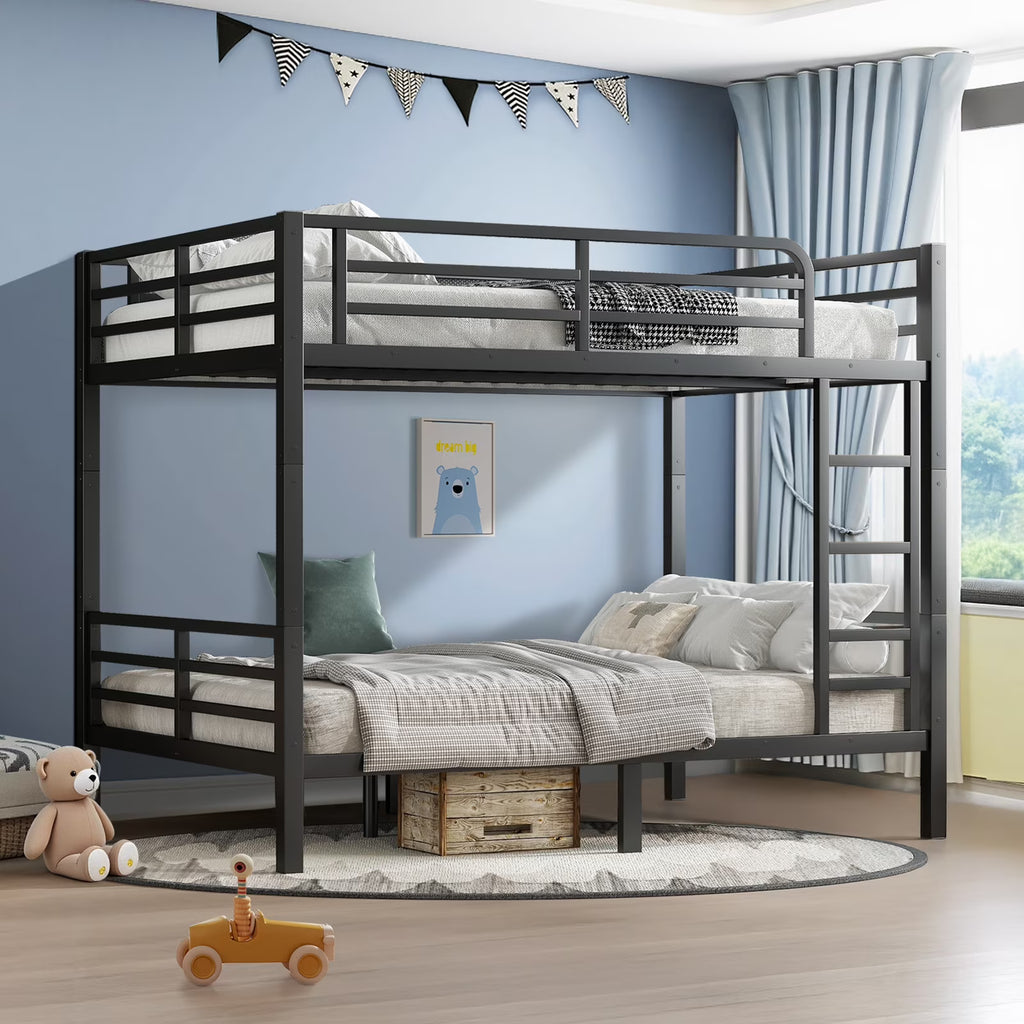 Miniyam Full over Full Metal Bunk Bed Frame with Dual Guardrails and Ladders, Heavy-Duty Quiet Design, Black