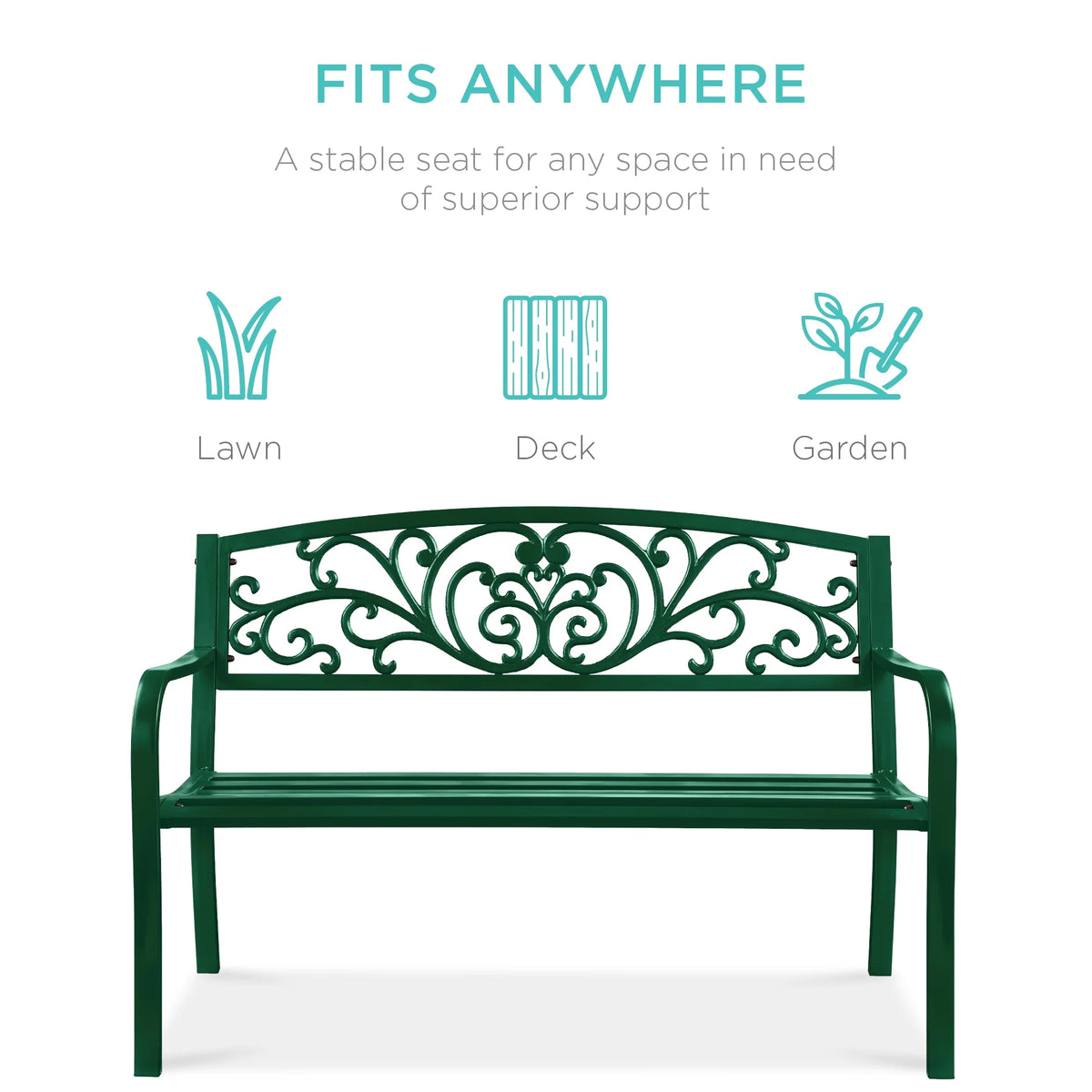 Best Choice Products Outdoor Steel Bench Garden Patio Porch Furniture w/ Floral Design Backrest - Black