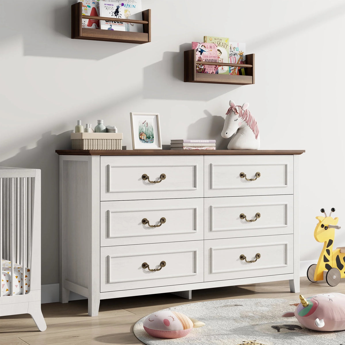 GIKPAL White Dresser for Bedroom, 6 Drawers Wood Dresser with Antique Handles, Farmhouse Rustic Chest of Drawers for Bedroom, Living Room, Entryway & Hallway