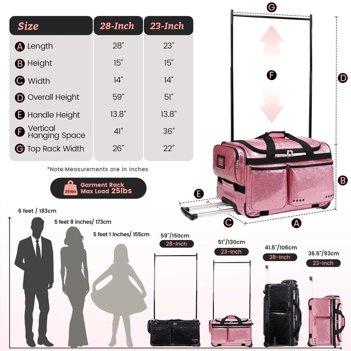 Dance Bag with Garment Rack,23"Glitter Rolling Dance Competition Bag with Organizer Bag, Collapsible Dance Travel Bag Suitcase for Dancers Performer Artist,Pink