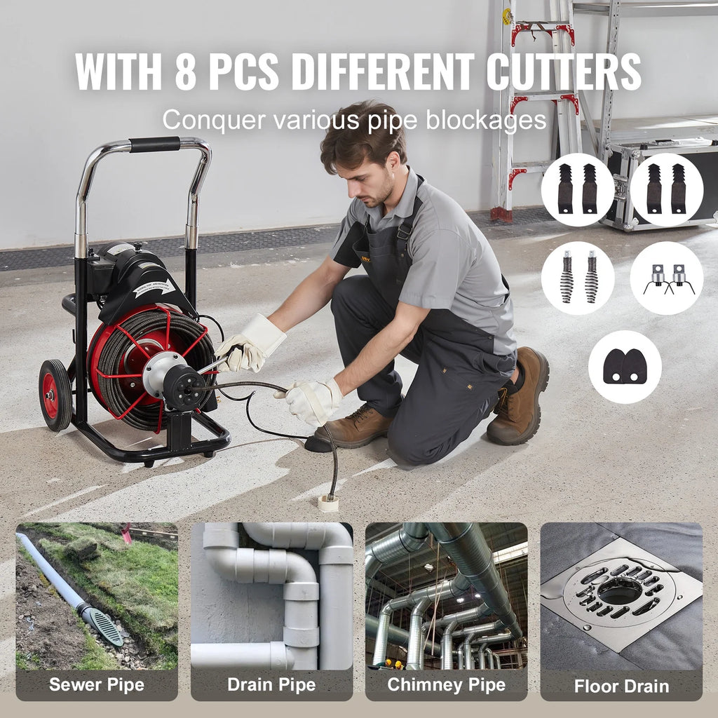 Drain Cleaner Machine Electric Drain Auger 100FT x 3/8 In Auto Feed