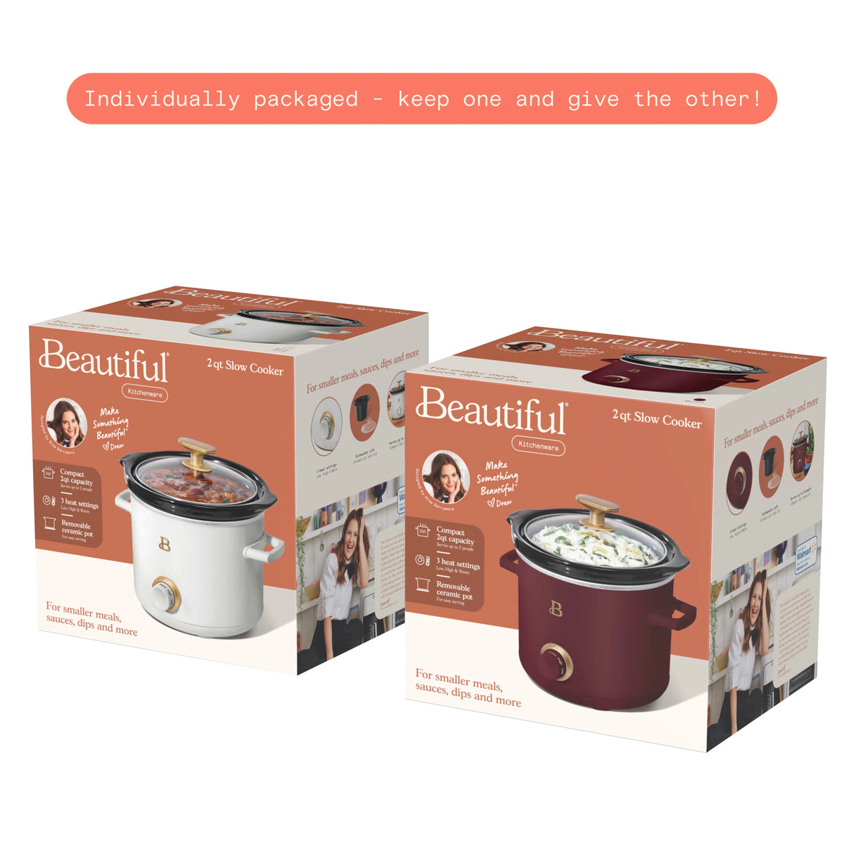 Beautiful 2 qt Slow Cooker Set, 2-Pack, White Icing and Merlot by Drew Barrymore, 19340, 100 W