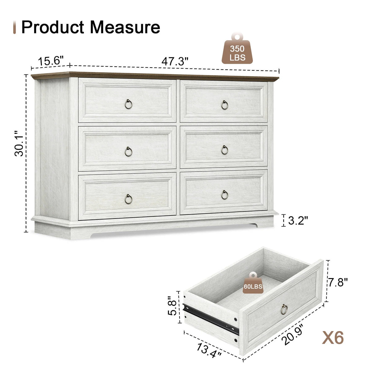 FAGAGA 6 Drawers Dresser for Living Room,Storage Cabinet Wooden Dressers Organizer for Bedroom,White