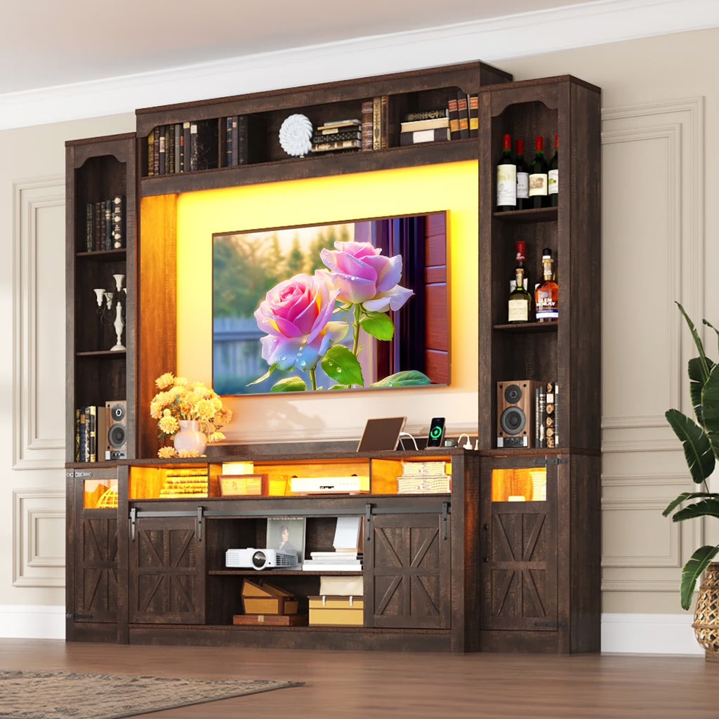Farmhouse Wall Unit TV Stand with Storage for TVs up to 75", Large Entertainment Center with Bookshelves, LED Light & Power Outlet for Living Room