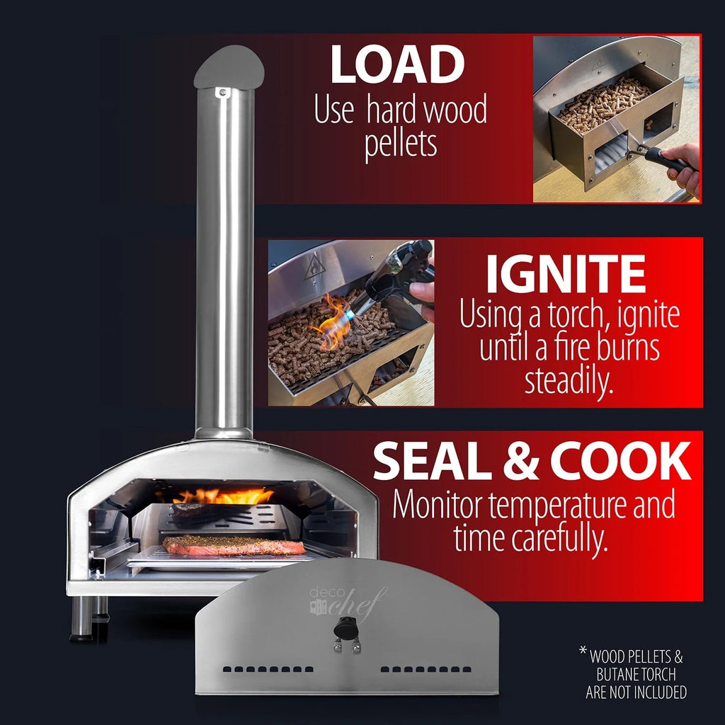 Deco Chef Outdoor Pizza Oven with 2-in-1 Pizza and Grill Oven Functionality, 13" Pizza Stone, Portable Stainless Steel Construction, Pizza Peel, Dough Scraper, Scoop, Slotted Grill (Black)