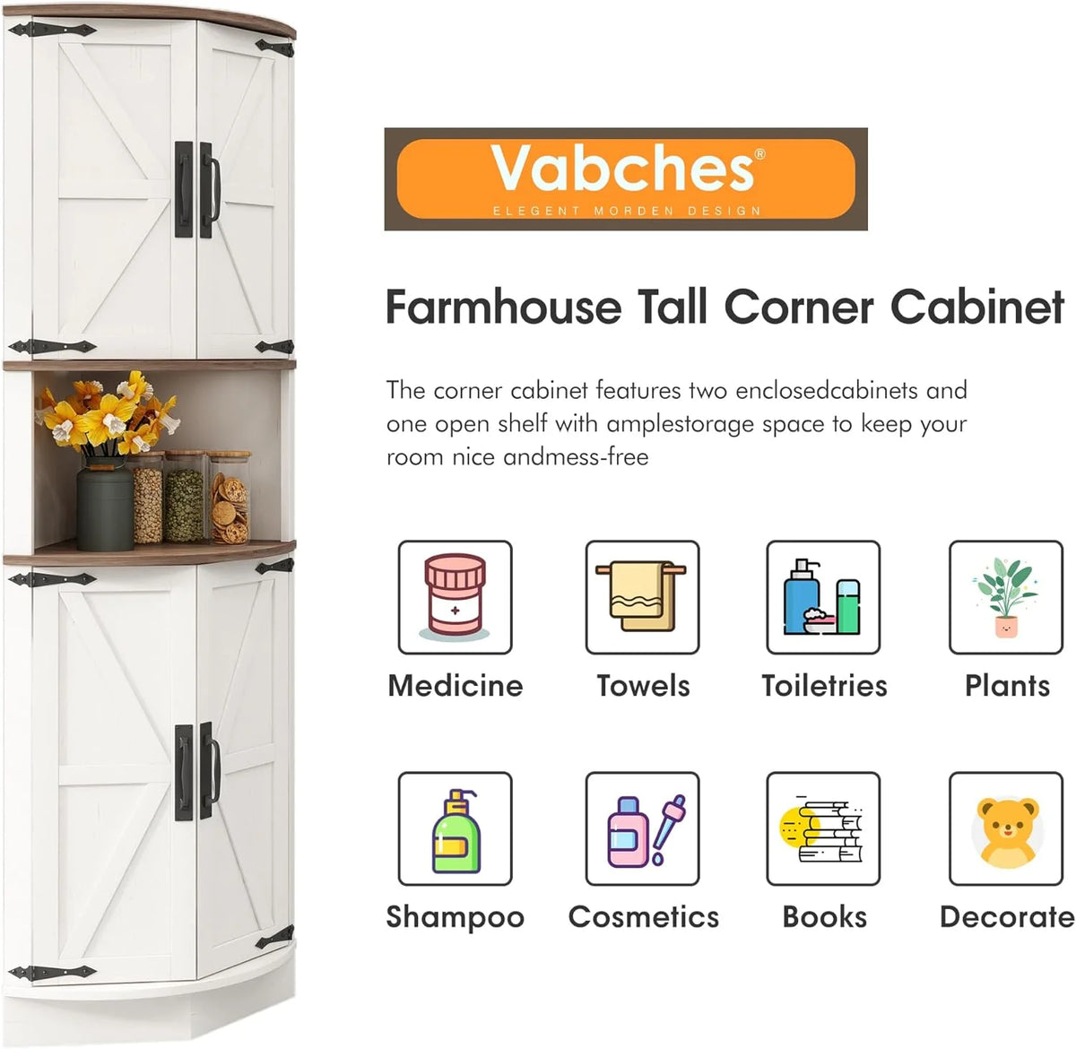 Vabches Farmhouse 64.8'' Tall Corner Cabinet with 4 Doors and 5 Storage Shelves for Kitchen, Living Room, White