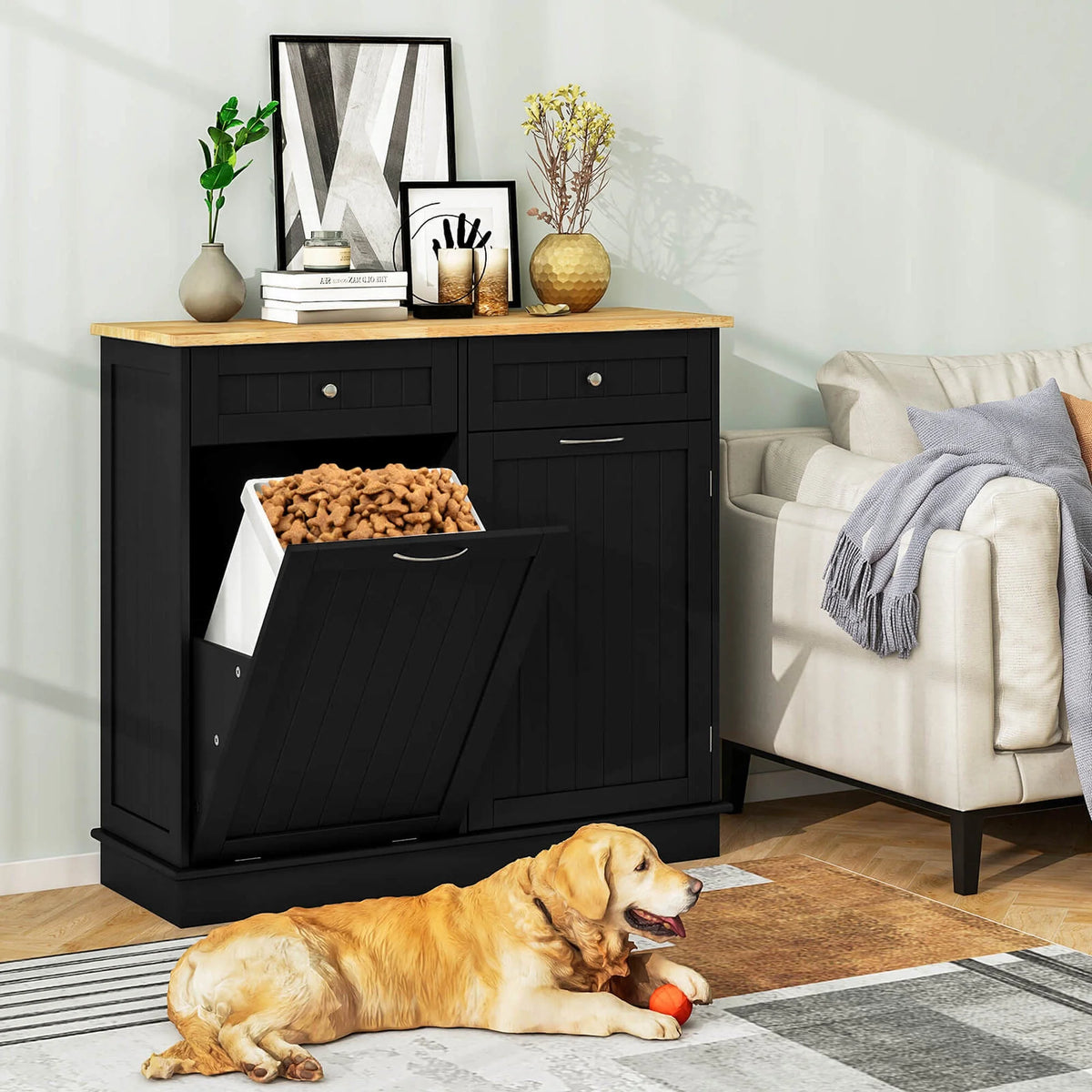 Costway 15.5 Gallon Kitchen Tilt Out Trash Cabinet Rubber Wood Tabletop 2 Drawers Shelf Gray