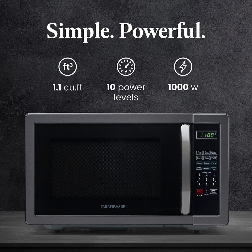 Farberware Stainless Steel Countertop Microwave Oven with Child Lock, 1.1 Cu Ft Black Stainless