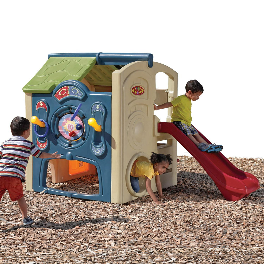 Step2 Neighborhood Fun Center Brown Playhouse with Slide Plastic Kids Outdoor Toys