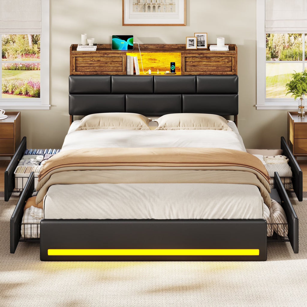 Twin Bed Frame with Bookcase Headboard and Storage, Barn Doors Twin Size Upholstered Beds with 4 Under Bed Storage Drawers & Charging Station & LED Lights, Grey