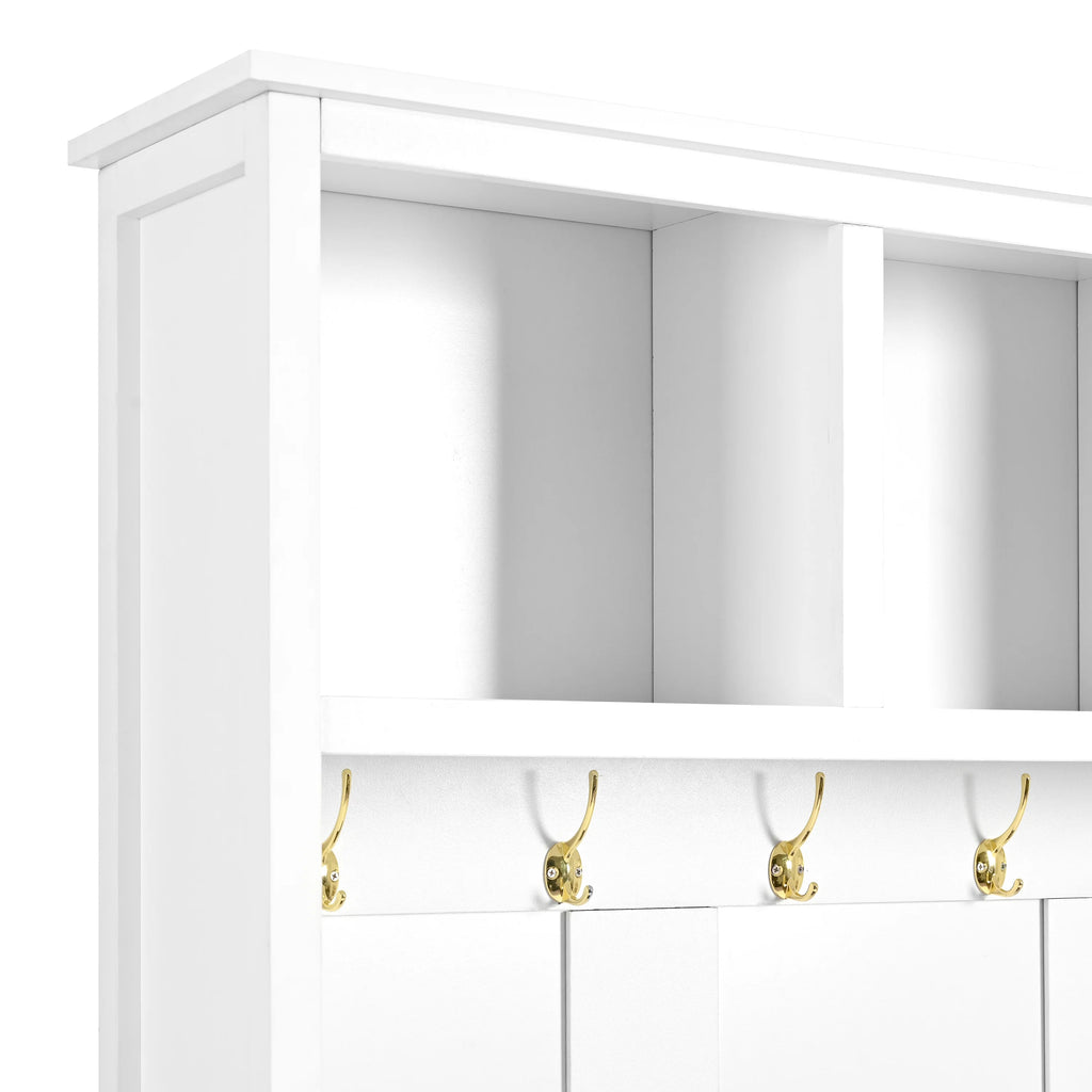 Harper & Bright Designs Farmhouse Hall Tree with Bench and Shoe Storage, Mudroom Bench with Coat Rack and Adjustable Shelves for Hallway, Living Room, White