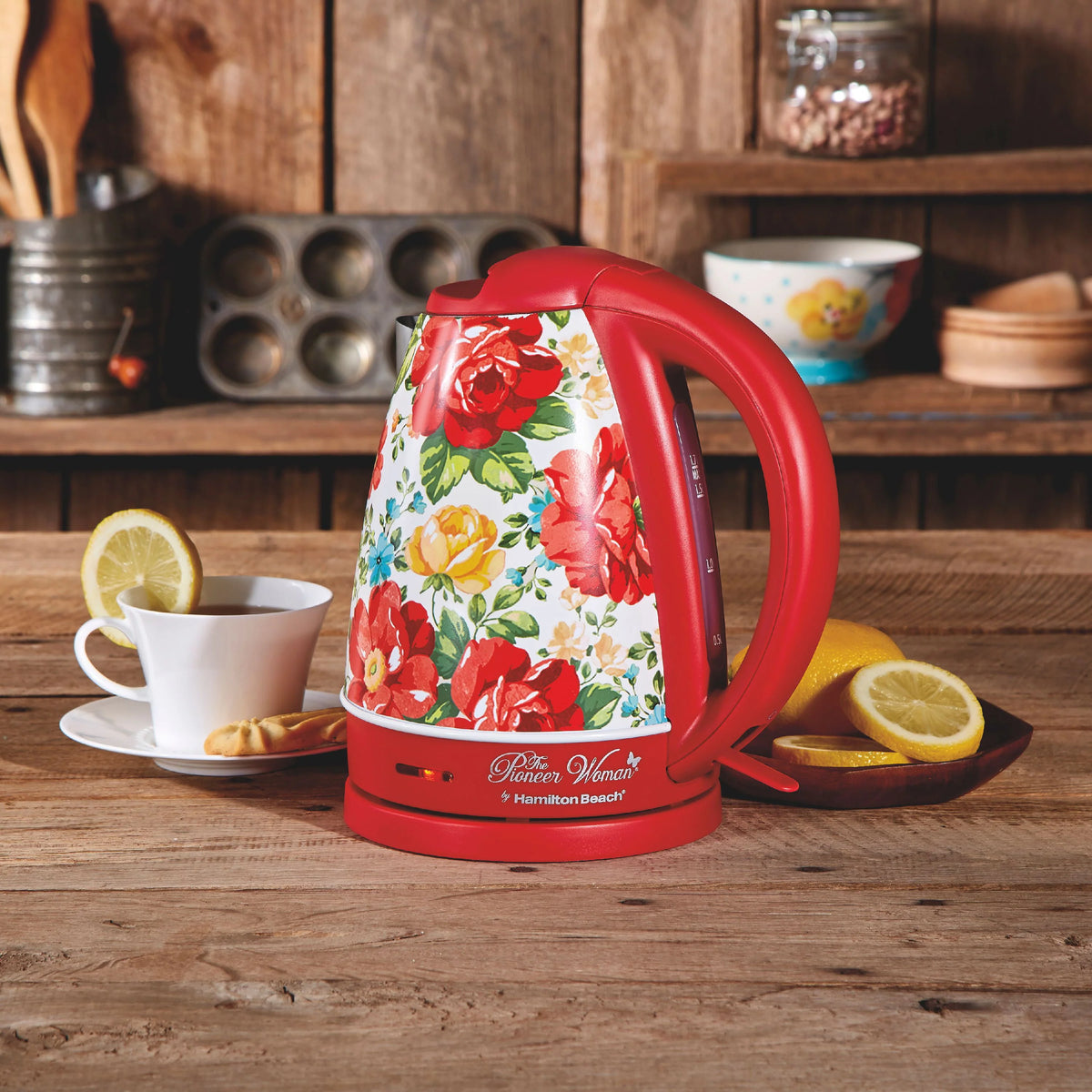 The Pioneer Woman 1.7 Liter Electric Kettle, Vintage Floral Red, 40970