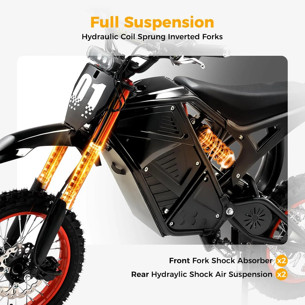 2000W Electric Dirt Bike for Adults Ridingtimes GT73 UL2849,Brushless Hub Motor,18.2AH*2 Electric Bike with 25\" tires digital screen Carbon Steel,Black