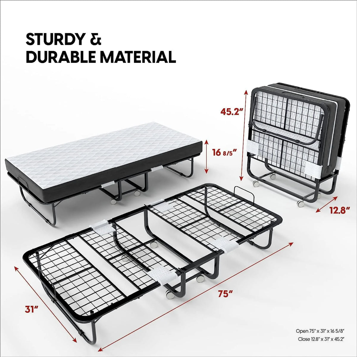 EconoHome Folding Bed with Mattress - 75x31 Cot Size Bed Frame - Portable Foldable Roll Away Adult Bed for Guest - 5-inch Thick Memory Foam Cot Mattress - Space Saving Fold Up Bed for Easy Storage