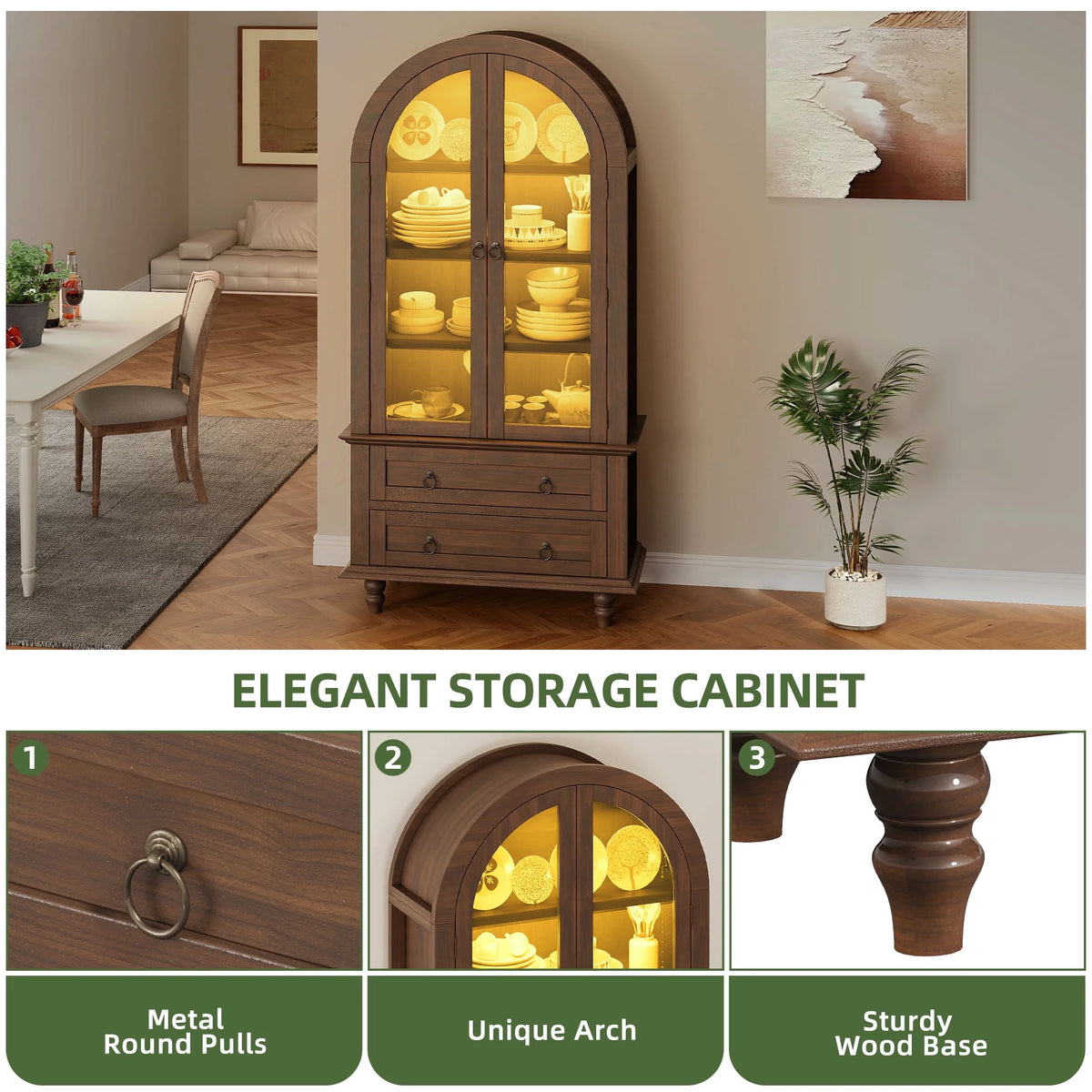 Uforic 73" Arched Pantry Cabinet with LED Light, Drawers, Shelves, Farmhouse Kitchen Storage, Black