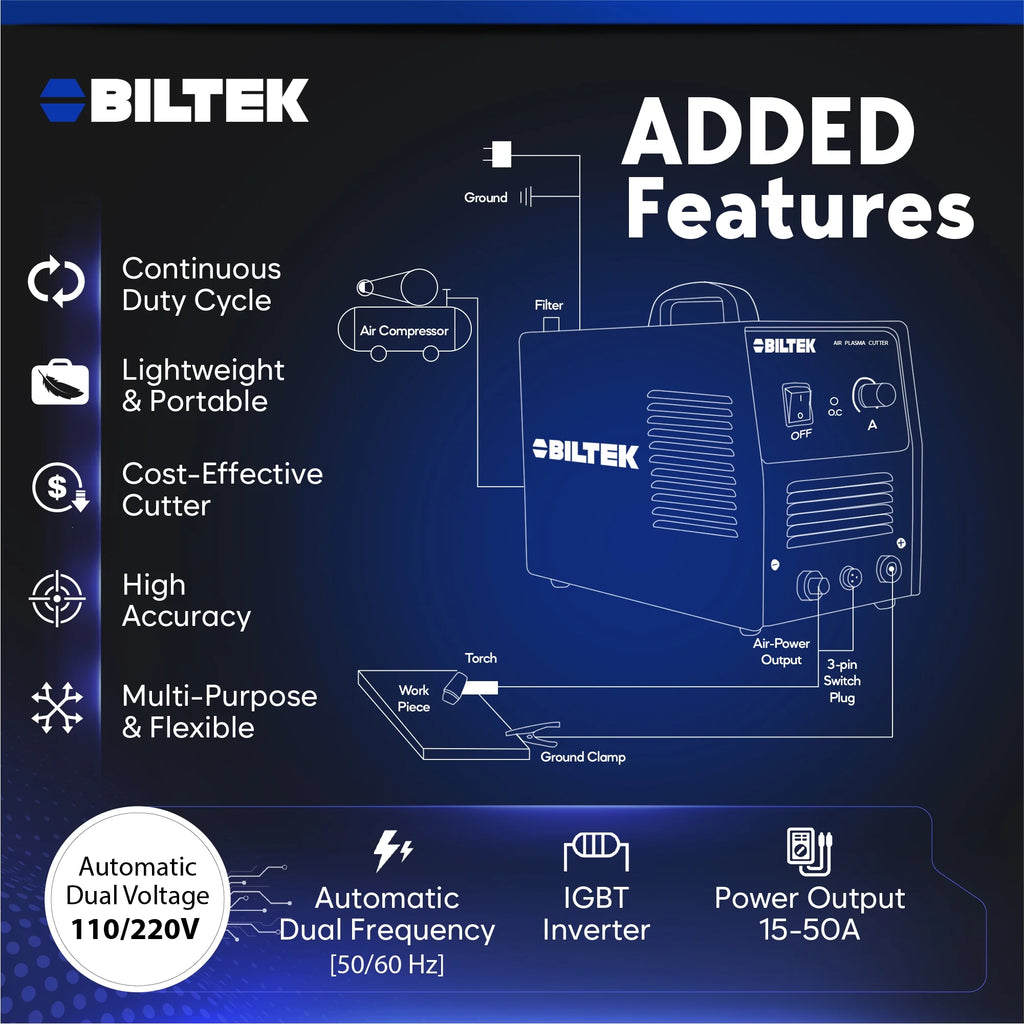 Biltek Plasma Cutter 50A Dual Voltage 110V/220V Cutting Torch Kit, 1/2 Inch, IGBT Technology, Portable Plasma Cutter Machine, Metal Cutter for Steel, Copper, Aluminum, Brass and Other Metals