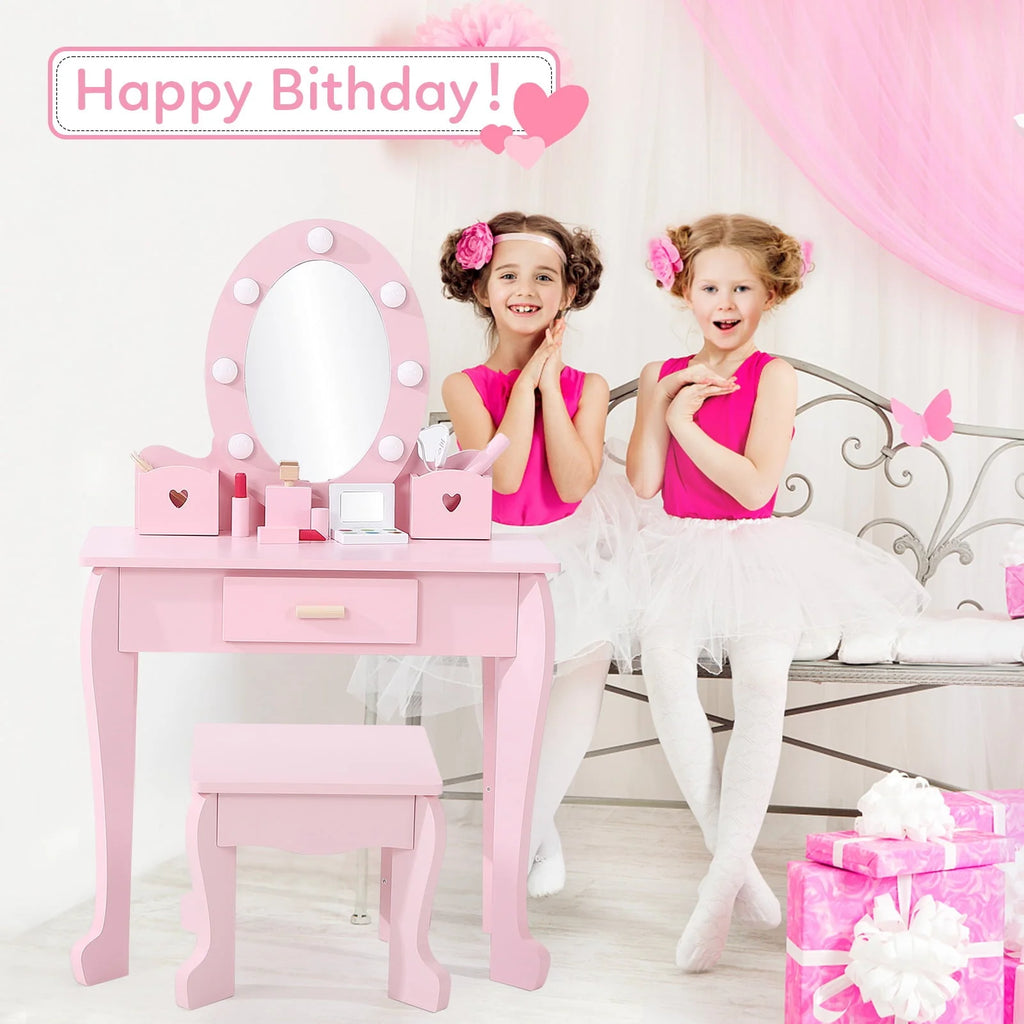 Girl Vanity Table and Chair Set, Kids Wood Makeup Dressing Table with Lights, Mirror, Drawer & Stool