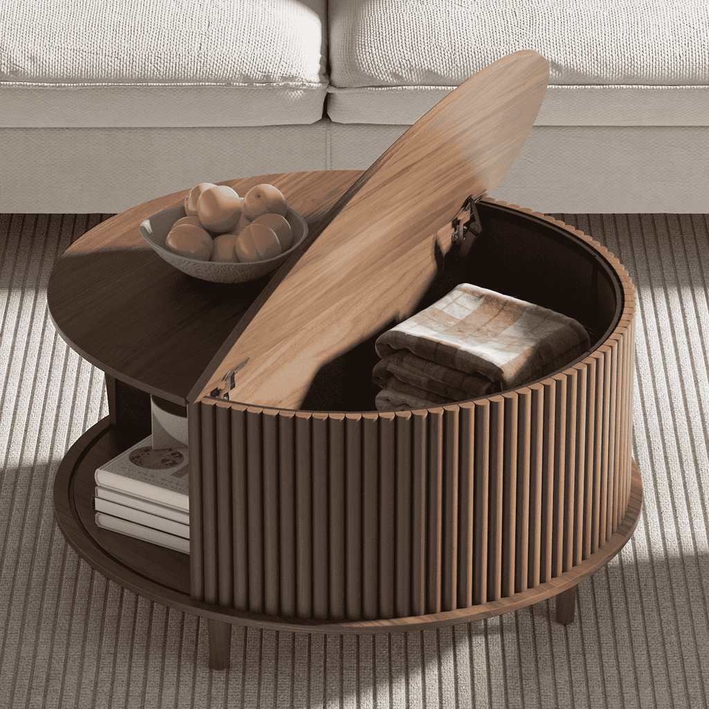 JOINICE Round Coffee Table with Storage and Sliding Door,Mid Century Modern Wooden Center Table,for Living Room,Walnut