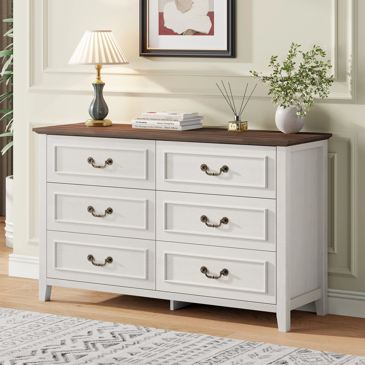 GIKPAL White Dresser for Bedroom, 6 Drawers Wood Dresser with Antique Handles, Farmhouse Rustic Chest of Drawers for Bedroom, Living Room, Entryway & Hallway
