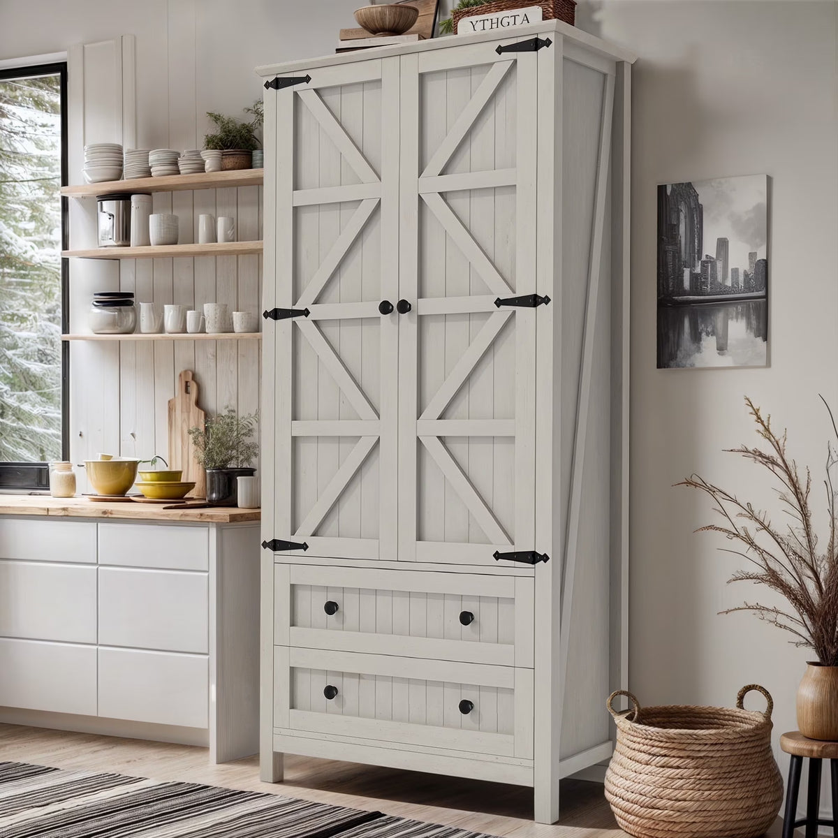 Dextrus 64.56" Tall Kitchen Pantry Cabinet with 2-Drawer and Adjustable Shelves, White Oak