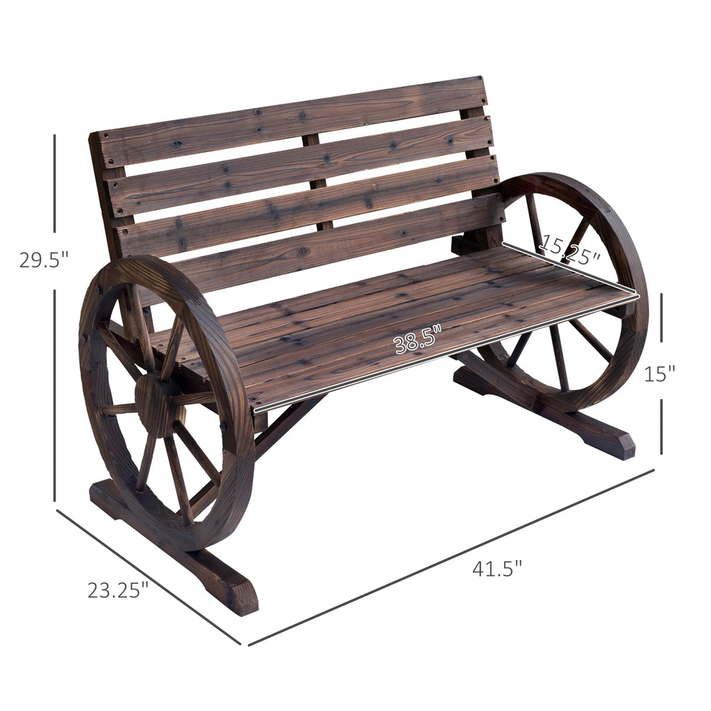 Outsunny Wooden Wagon Wheel Bench Rustic Outdoor Patio Furniture, 2-Person Seat Bench with Backrest Carbonized