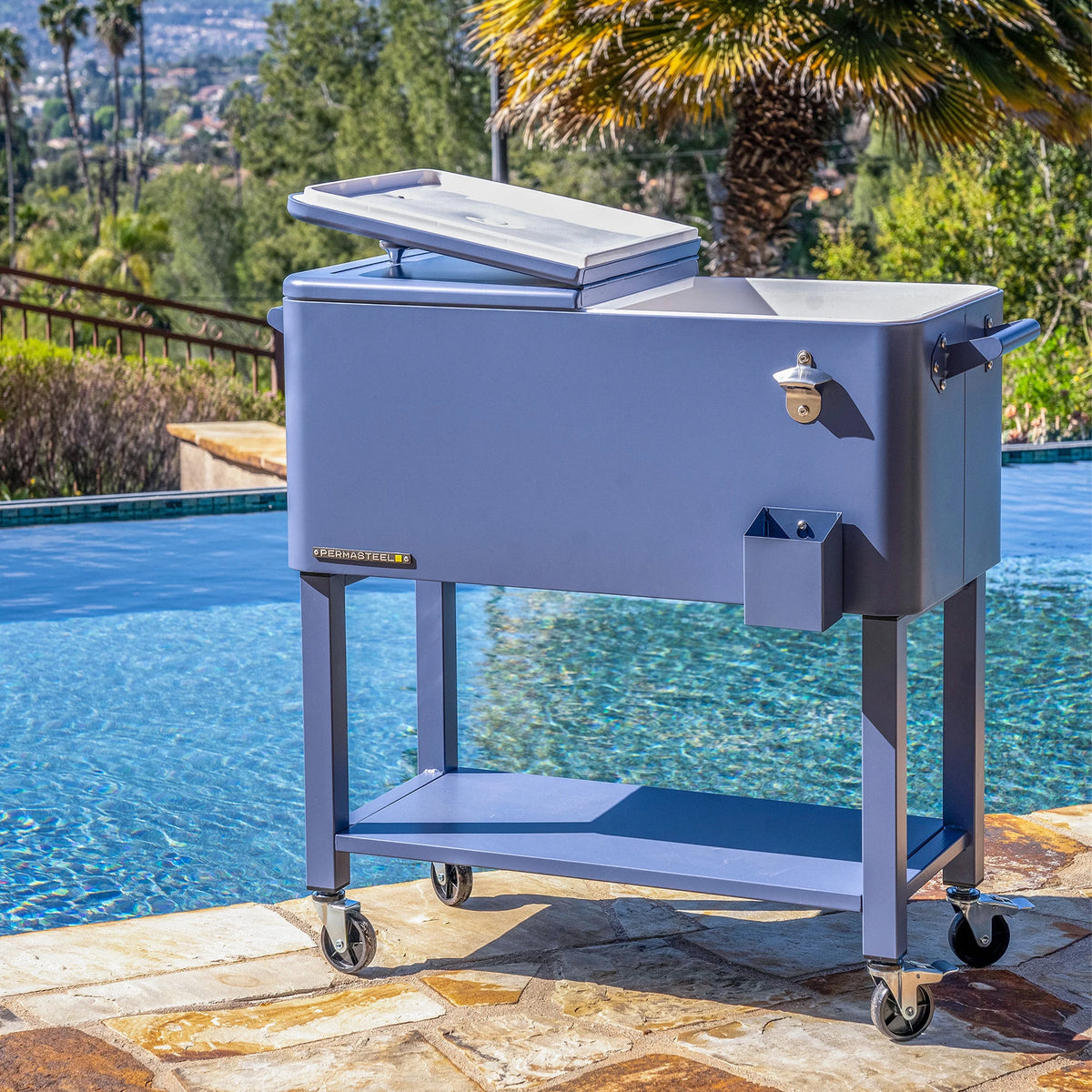 Permasteel 80-Qt Outdoor Steel Patio Cooler with Removable Basin, Rolling Cooler with Wheels, Teal Green