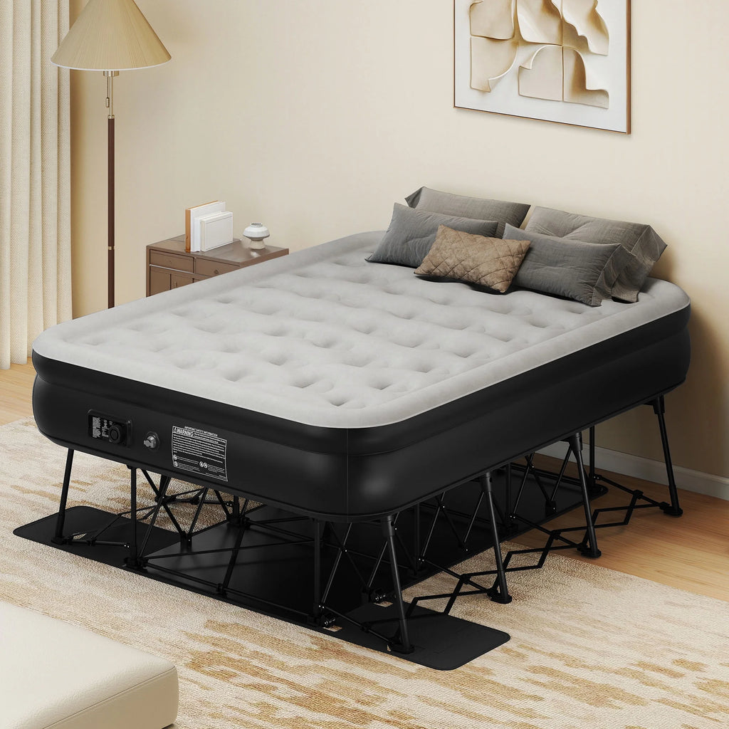 Dextrus Inflatable Queen Air Mattress with Built-in Pump, Frame, Velvet Surface & Portable Storage Case, Khaki