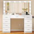 TEENFON 46" Vanity Desk with Large Lighted Mirror and Power Outlet, Makeup Vanity with 9 Drawers and Glass Desktop, Vanity Table for Bedroom, White