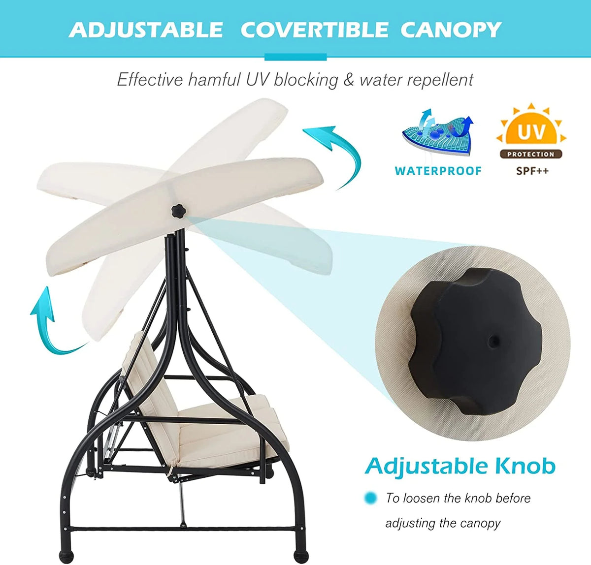 AECOJOY 3 Person Canopy Steel Porch Swing, Converting Swing Glider Hammock-Beige