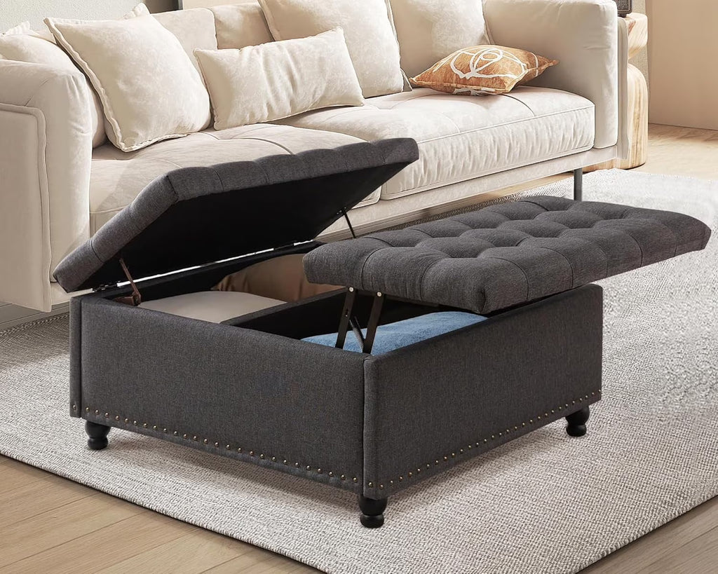 Magic Union 35" Large Square Storage Ottoman, Oversized Square Ottoman with Storage, Tufted Upholstered Ottoman Coffee Table with Lift Top for Living Room (Beige)