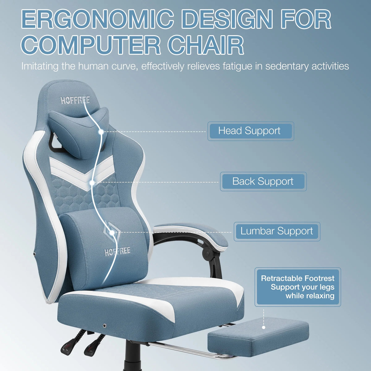 Hoffree Gaming Chair with Massage Fabric Office Chair with footrest for Adults, Ergonomic Gamer Chair with Headrest and Lumbar Support for Office Gaming, 440 LBS