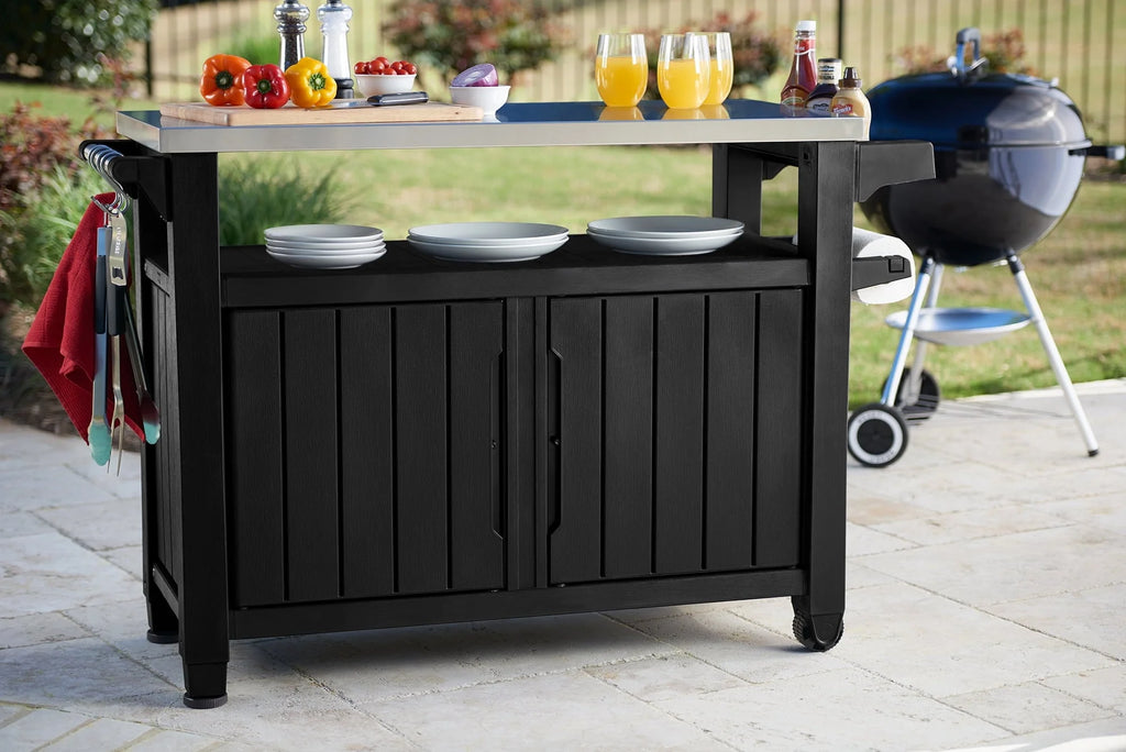 Keter Unity XL Resin Serving Station, All-Weather Plastic and Metal Grill, Storage and Prep Table, Graphite